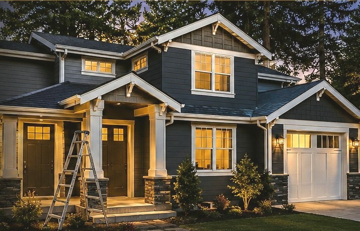 Freshly improved home exterior at dusk